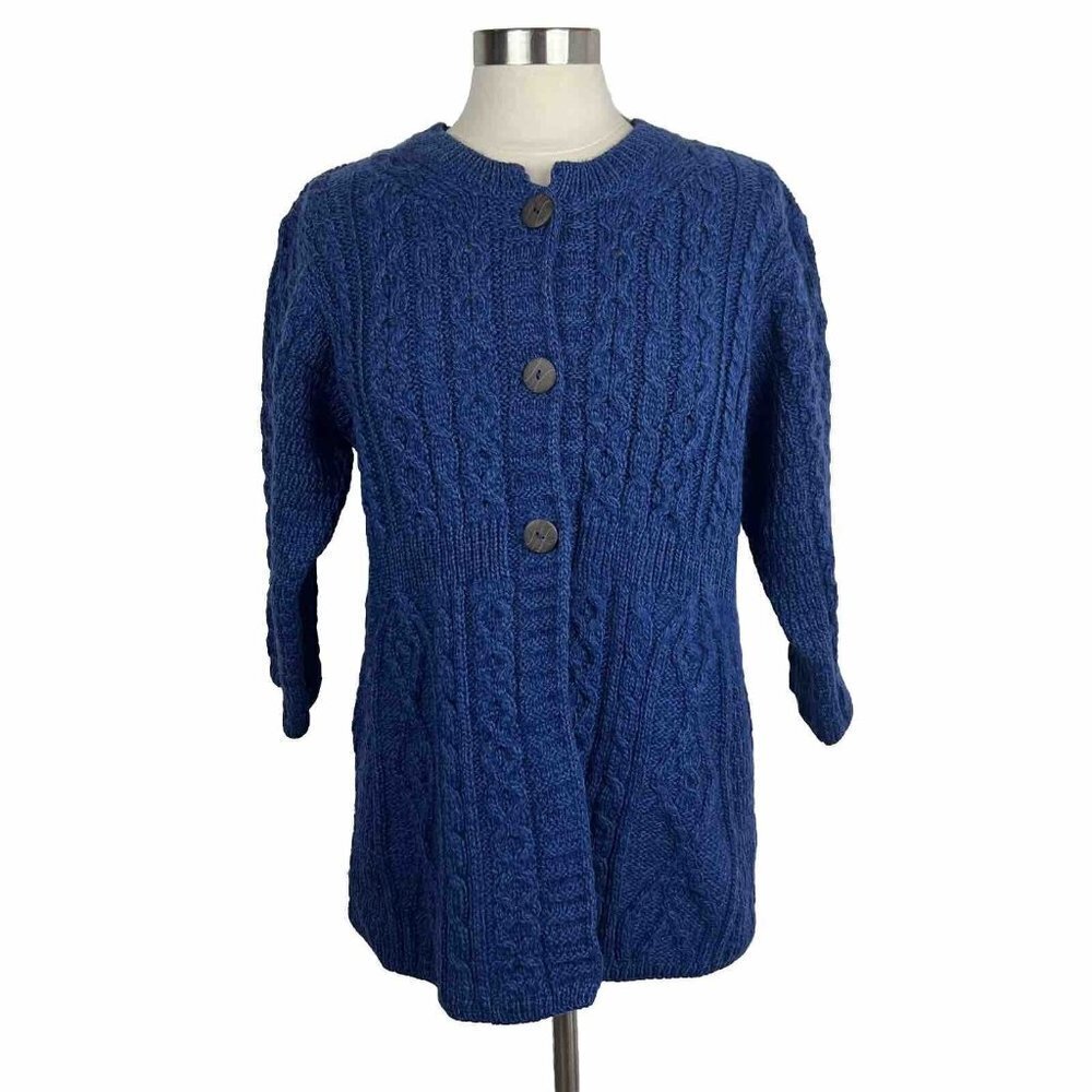 Kilronan Knitwear Cardigan M Womens Blue Button Front 3/4 Sleeves Merino Wool